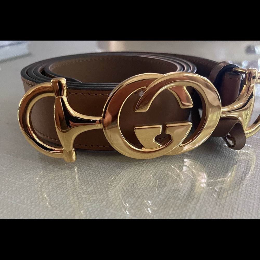 GUCCI Leather Belt - sz 33 Taupe and Gold